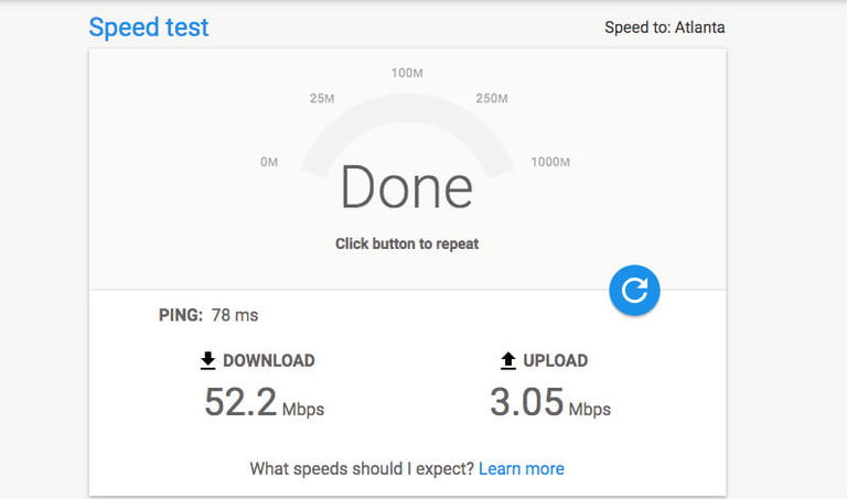 Image of google fiber speedtest menu for internet speed test