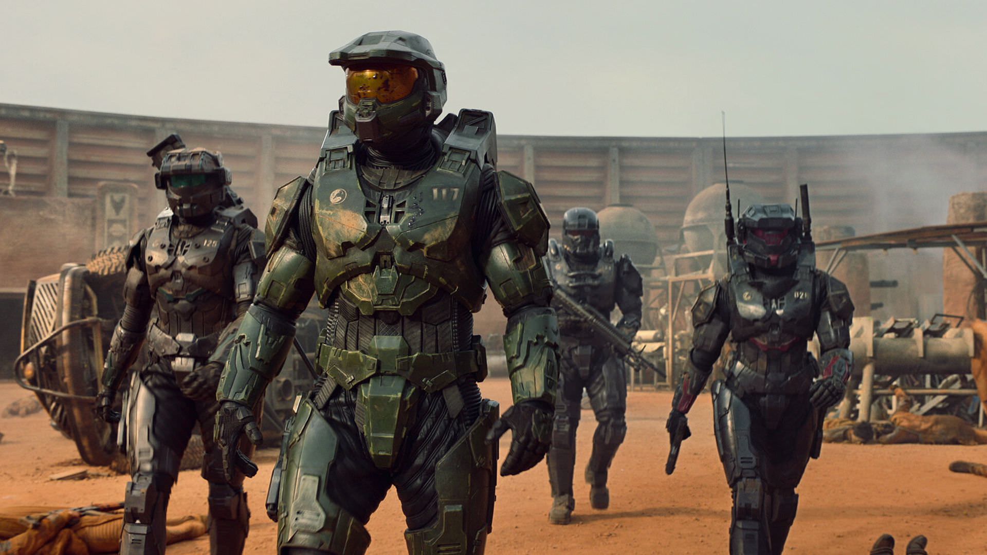 Master Chief and the Spartans walking around in the Halo series