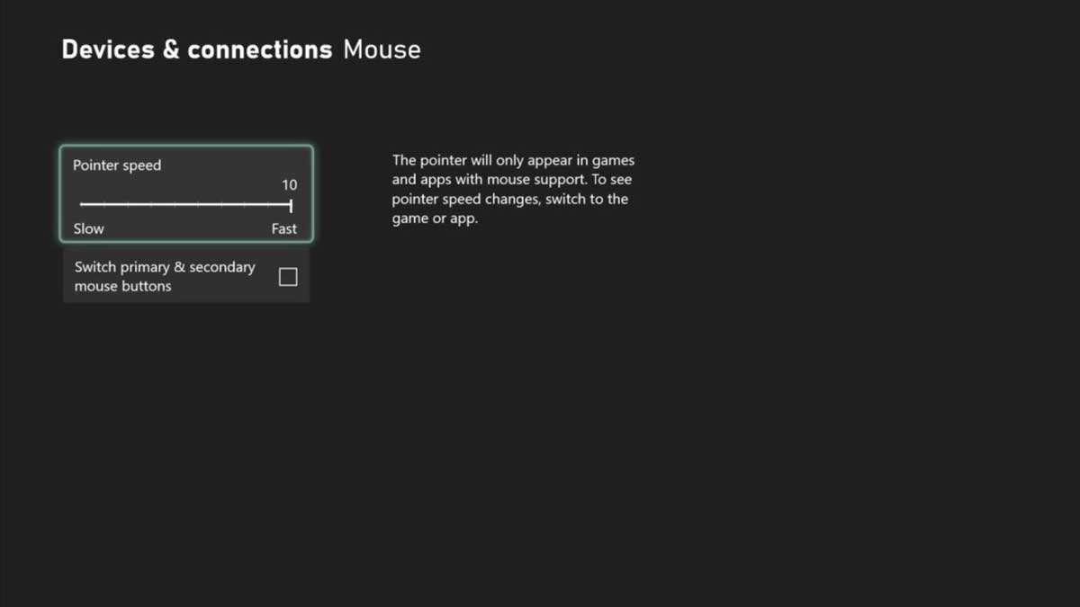 Mouse settings on Microsoft Xbox