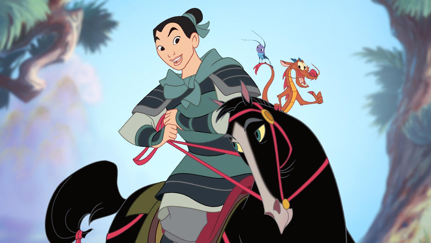 Mulan in male disguise along with Mushu and Cricket
