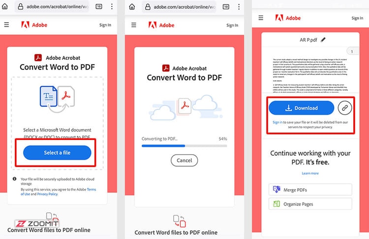 Online conversion of Word to PDF on Adobe website
