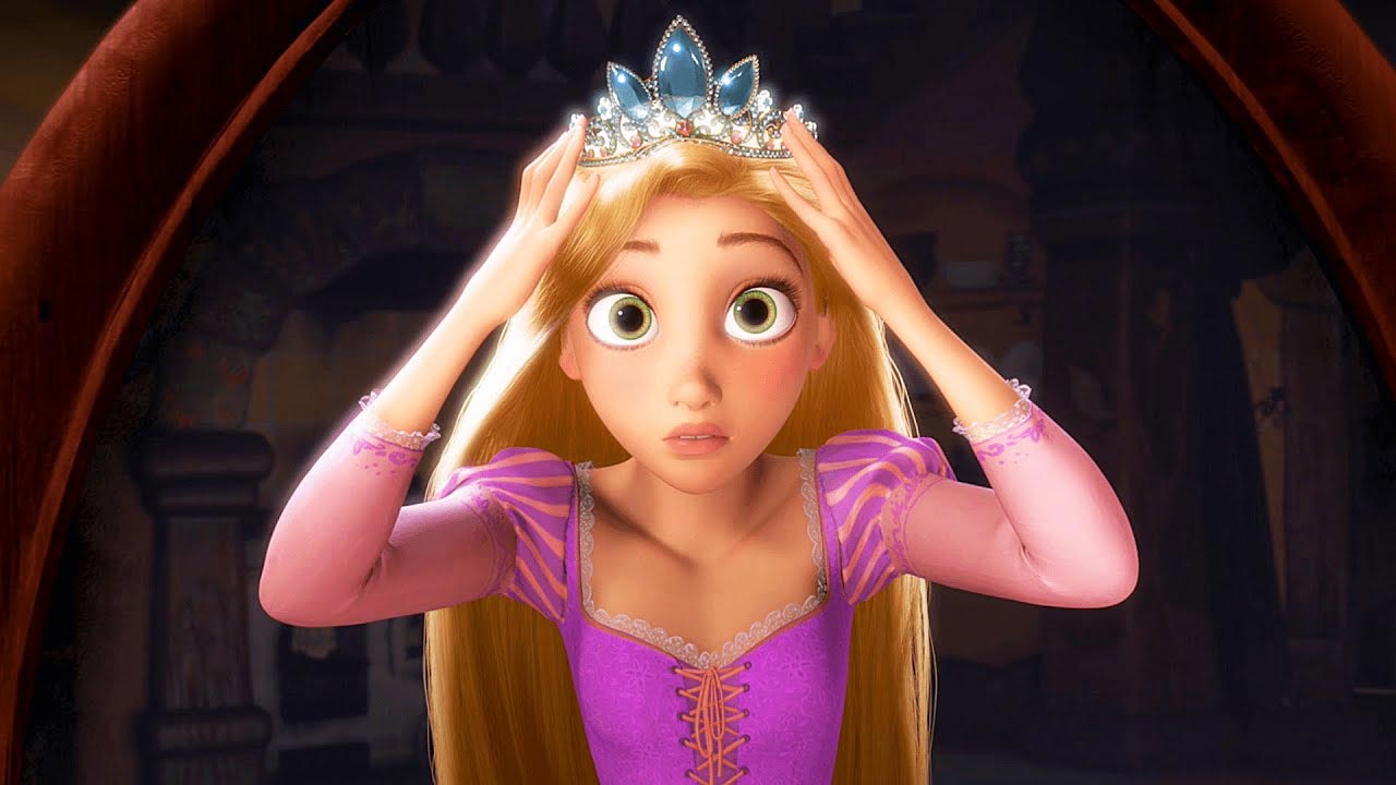 Rapunzel trying on her jeweled crown
