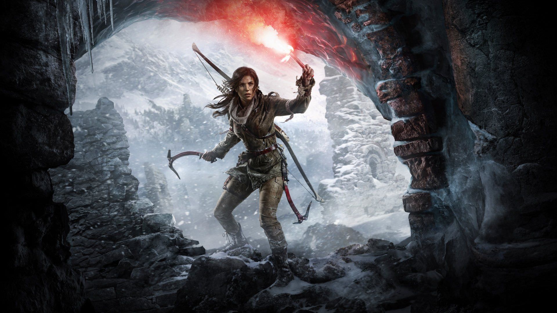 Rise of the Tomb Raider game and Lara Croft keeping the red light source at the tomb entrance