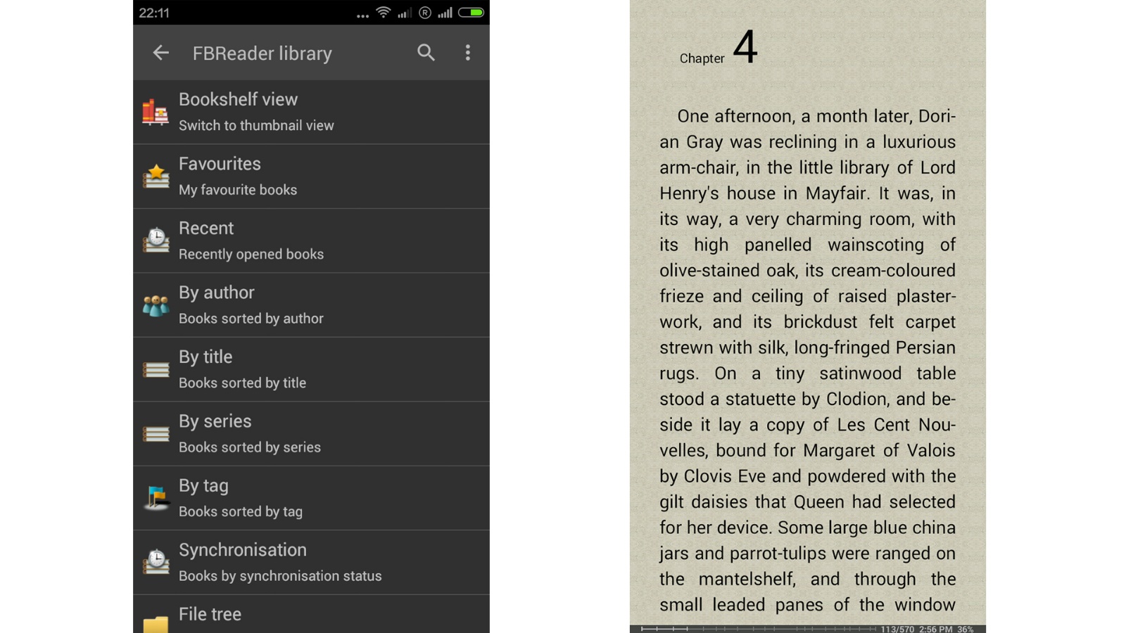 The internal environment of the FBReader or Favorite Book Reader app