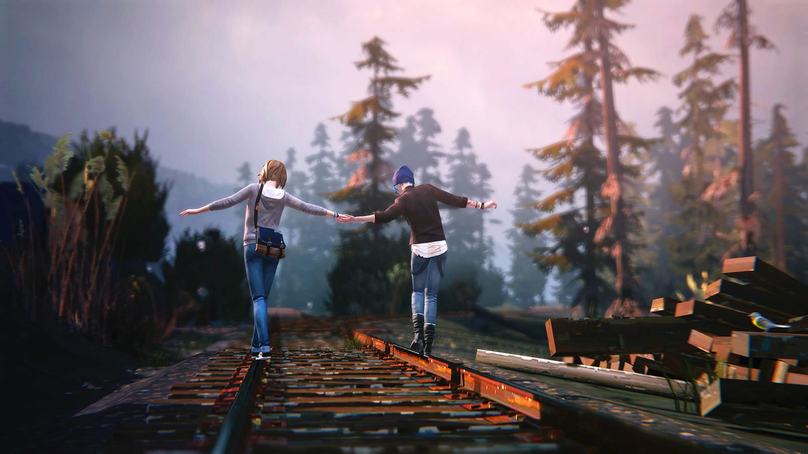 Life is Strange game Max and Chloe on the train tracks