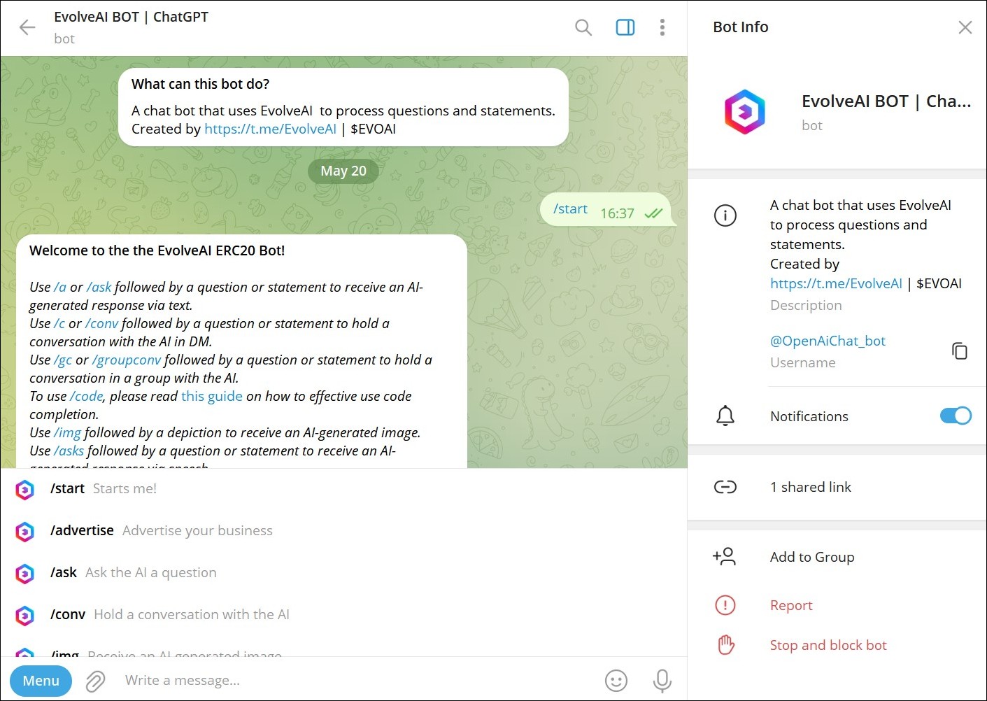 ChatGPT artificial intelligence bot in Telegram premium version