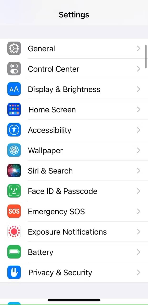 iPhone settings page