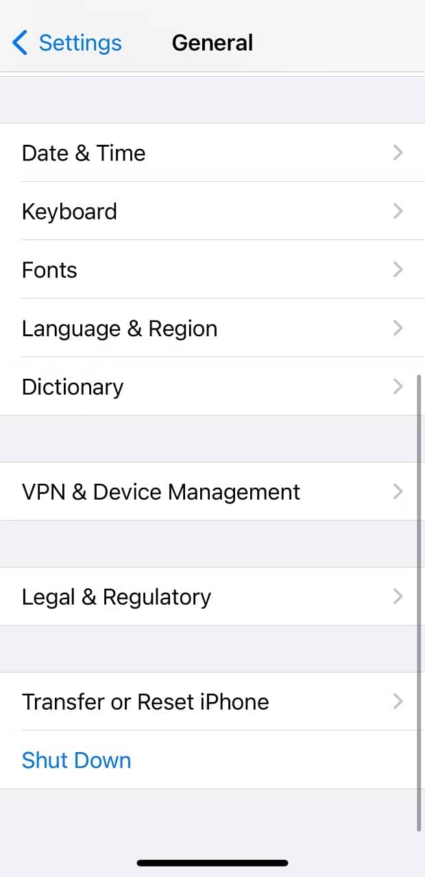 iPhone settings page