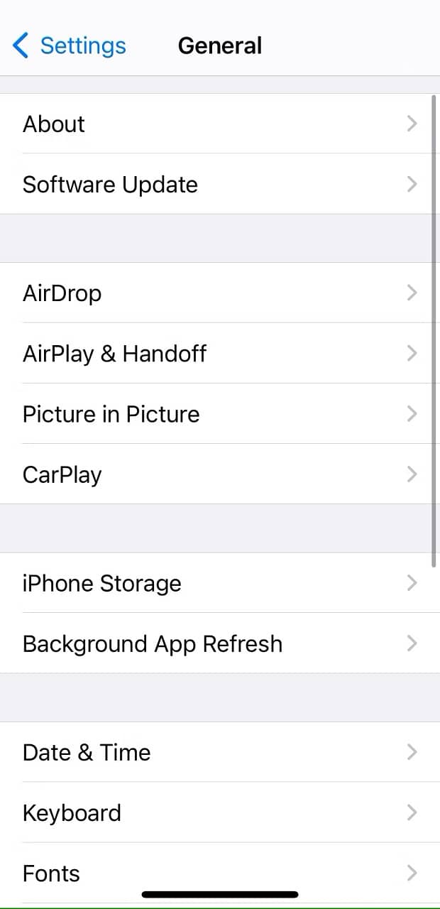 iPhone settings page