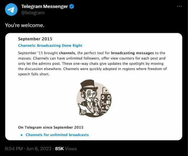 Telegram mocking tweet for WhatsApp channel feature