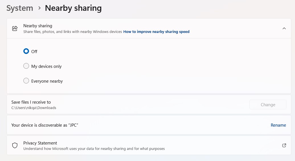 Using Nearby Sharing to transfer files