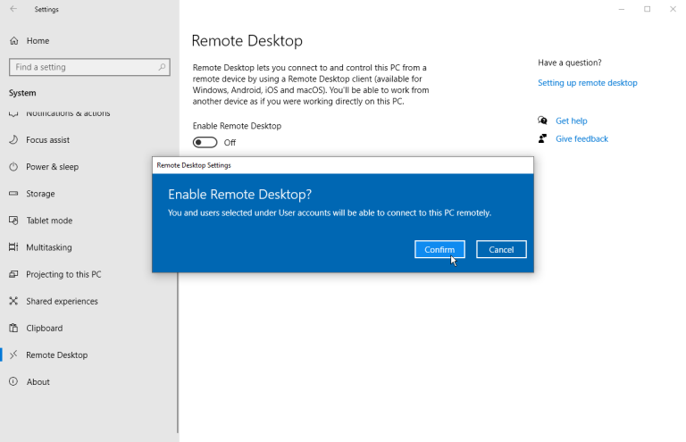 enable remote desktop