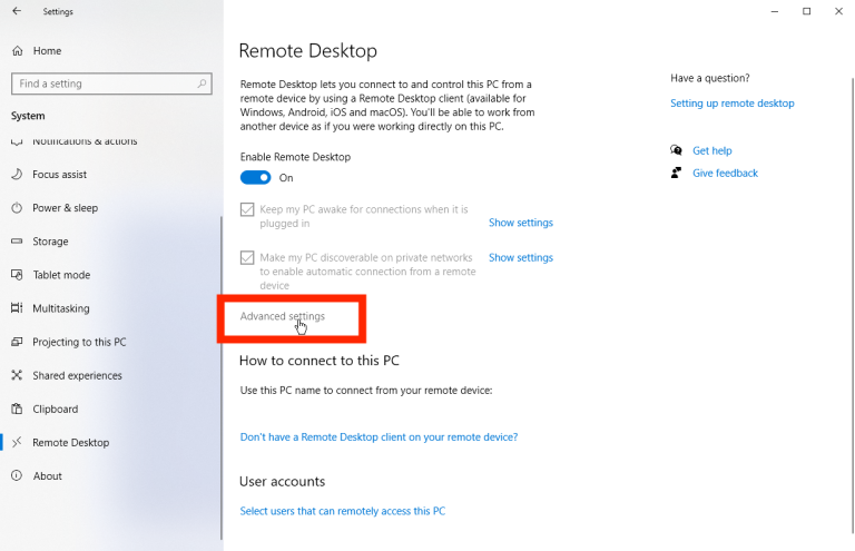 Remote desktop settings