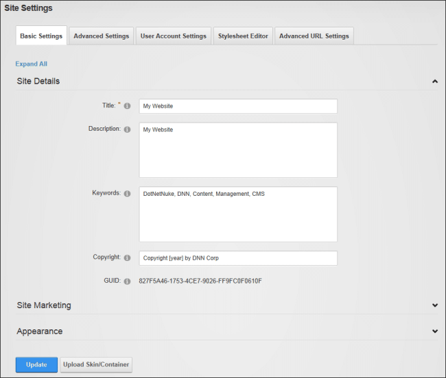 A view of DNN settings in a shell or template