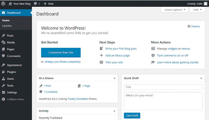 Your WordPress dashboard on a free WordPress blog