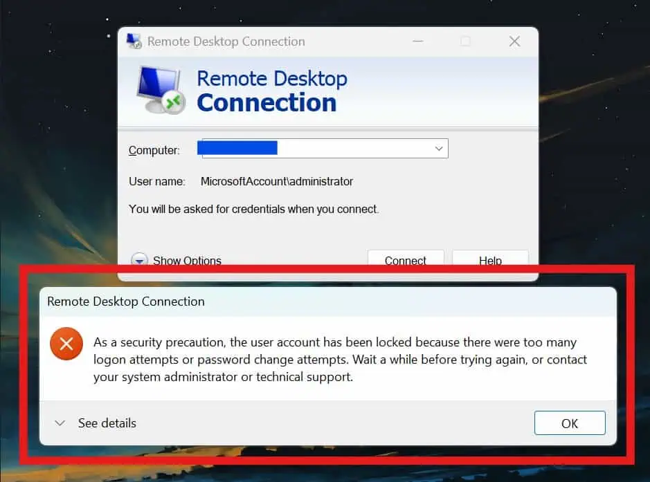 Fixing Account Lockout Error in Remote Desktop Windows Server 2025